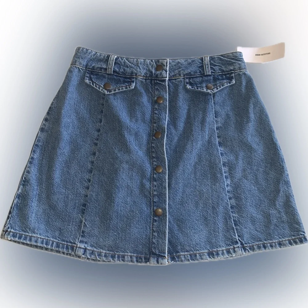 BDG Urban Outfitters Blue Denim A Line Mini Skirt Snap Button Front Pockets M